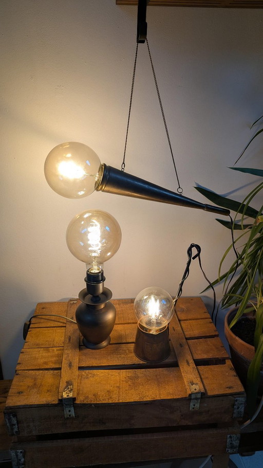 Trio aus Upcycling-Messing- und Kupfer-Ambienteleuchten