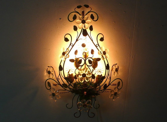 Image 1 of Lampada da parete in metallo verde con cristalli, 5 luci, anni '60, stile Kögl, Veralux Italia