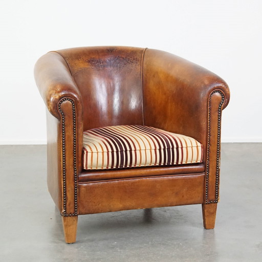 Vintage Cognac-Kleurige Clubfauteuil Gemaakt van Schapenleer