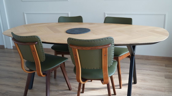 Image 1 of Vintage teak dining chairs 60s olive leather set