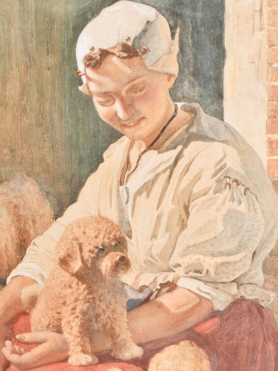 Image 1 of Bernard Blommers (1845-1914) - Moederhond en meisje spelen met puppies -  Aquarel - 75 x 94 cm - afmetingen aquarel 56 x 72 cm