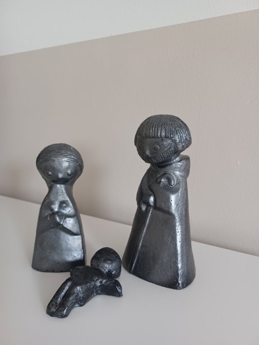 Ensemble de figurines – céramique réfractaire avec glaçure argentée – Vintage années 70 – Scène de Noël