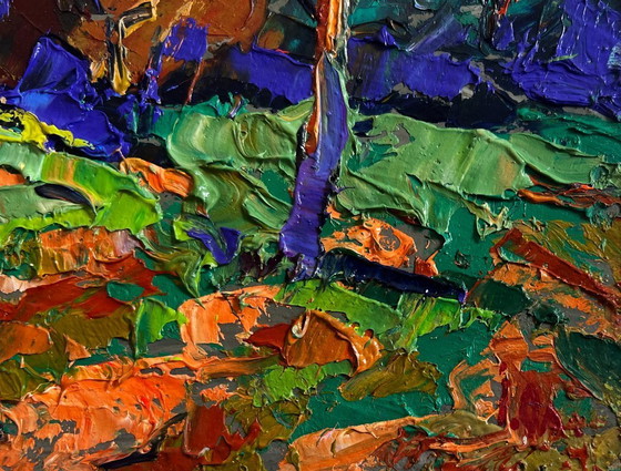 Image 1 of Original Oil Painting Autumn Forest Landscape Outside the village