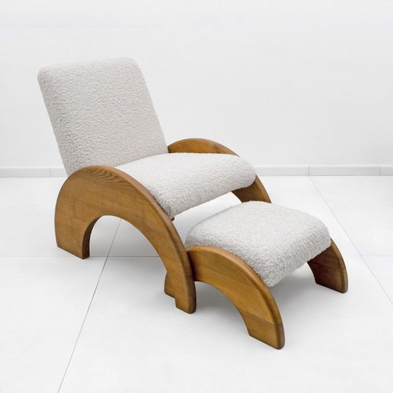 Image 1 of Ensemble fauteuil et repose-pieds en bois courbé et bouclé ivoire