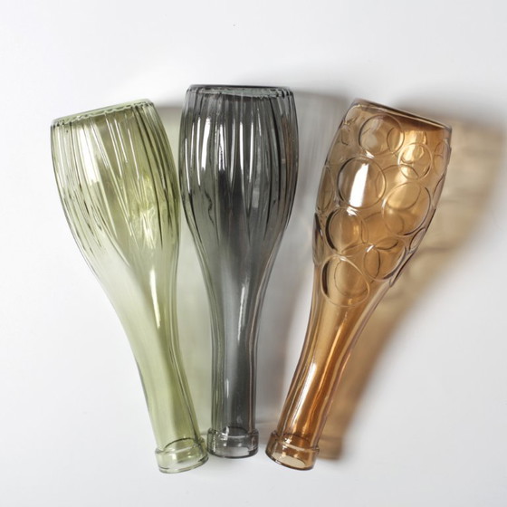 Image 1 of Set of 3 Grey, Green and Amber Glass Vases / Colored Bottles or Flower Vases / Ikea / 2000s