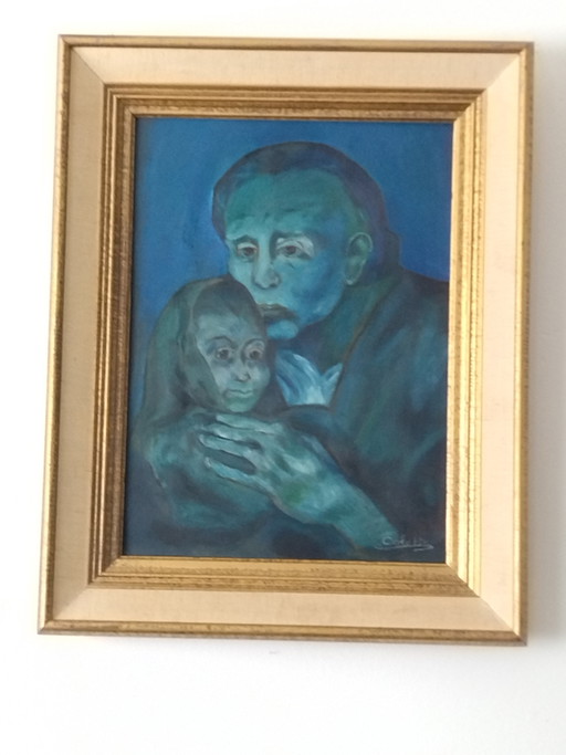 Vintage painting from the 1960s/70s, inspired by Picasso's Blue Period, signed Colette, 51x41 cm
