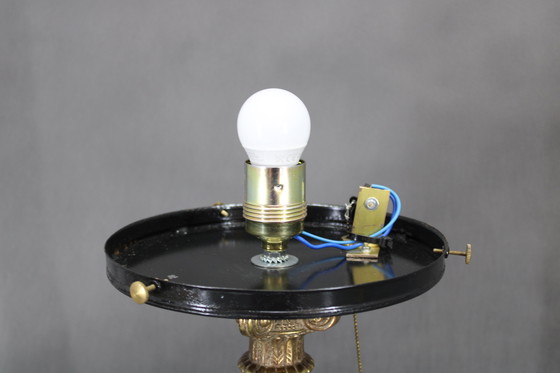 Image 1 of 1940s Restored Brass Table Lamp with Wooden Base and Glass Shade