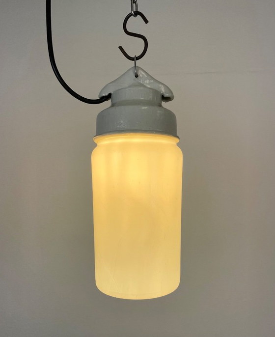 Image 1 of Industrial White Porcelain Pendant Light with Milk Glass, 1970s