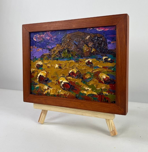 Original Oil Painting Evening Field Landscape Wind in the stubble
