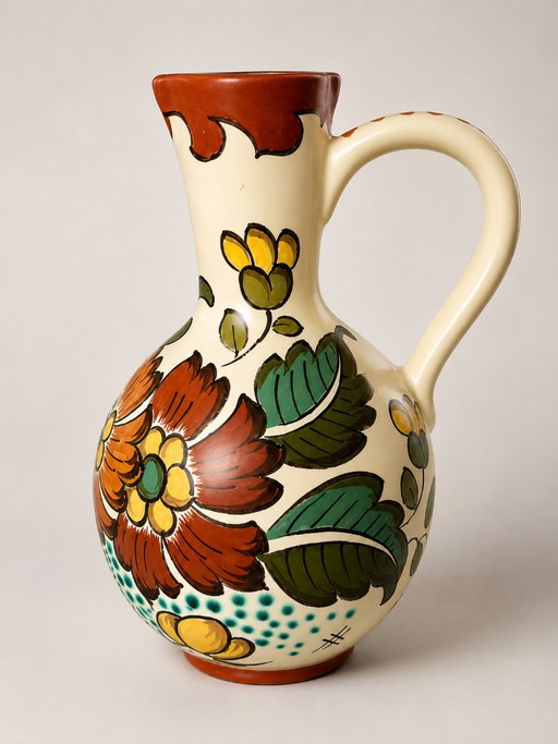 Jarra de loza Gouda vintage pintada a mano – Hecha en Holanda – 26 cm – vazen, Ceramic