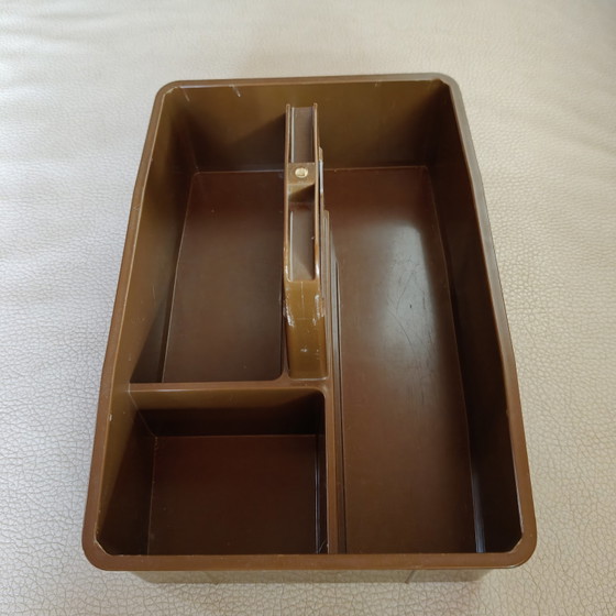 Image 1 of Scatola organizer vintage DBP Plastics Antwerp – contenitore portaoggetti marrone fumé, design belga anni '70