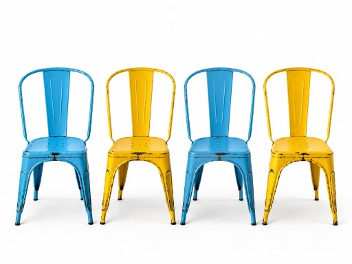 Set of 4 Tolix chairs, 2 yellow, 2 blue. 1960s edition. – eetkamerstoelen, Metal (photo 2 of 8)