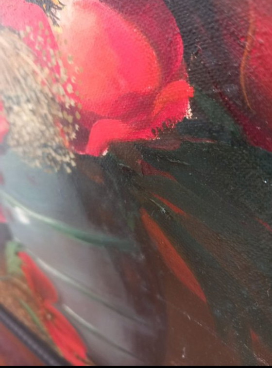 Image 1 of ​Nature morte florale : Bouquet champêtre (Coquelicots et Azurés) - Huile sur toile signée Emy 1980