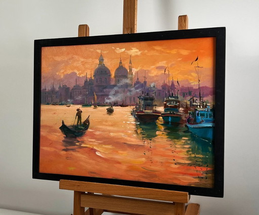 Original Oil Painting Evening City Landscape The atmosphere of the Venetian city