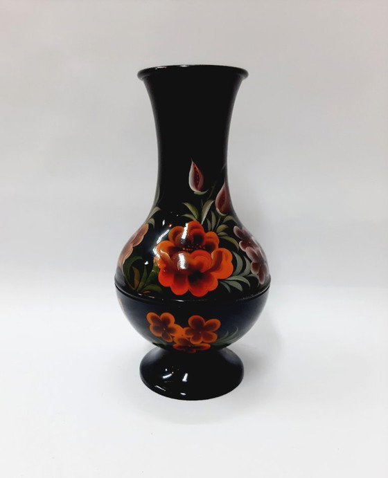 Image 1 of Vintage Black Enamel Vase, Floral Pattern 23 cm