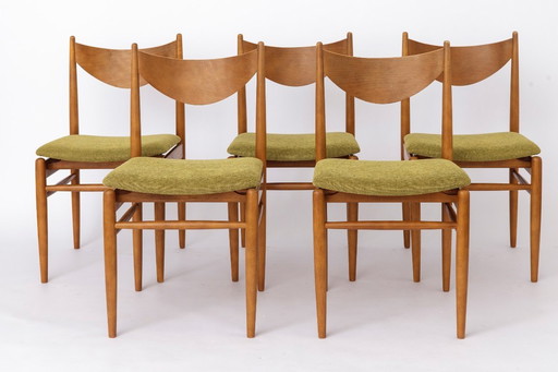 Set of 5 Vintage Dining Chairs, 1960s Germany, Wenzel, Beech Wood, Mid Century Modern, Green Upholstery