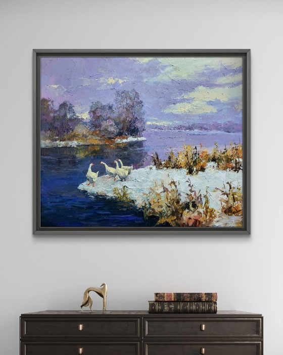 Image 1 of Geese On A Pond In Winter