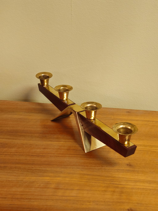 Vintage Teak Teak Wood Brass Candlestick Candle Holder