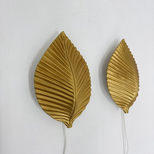 Set of 2 Golden Leaf Wall Lamps, 1970s