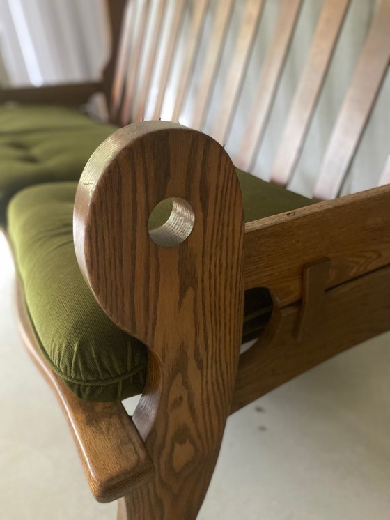 Image 1 of Divano in rovere massello – anni '70, stile rustico-brutalista, rivestimento verde