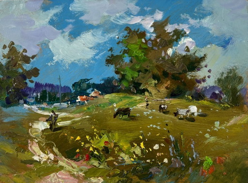 Original Oil Painting: Summer Nature Landscape - Afternoon on the Pasture