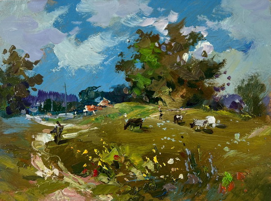 Image 1 of Original Oil Painting: Summer Nature Landscape - Afternoon on the Pasture