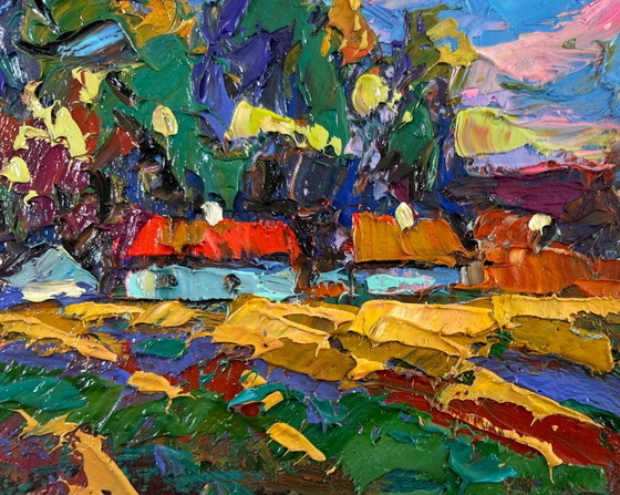 Image 1 of Original Oil Painting Summer Village Landscape When the day fades into evening