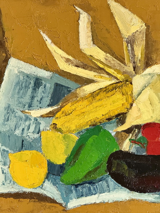 Image 1 of Pol Magis ( 1931 ) Magnifique Peinture Impressionniste «  Nature Morte Au Maïs «  De 1965