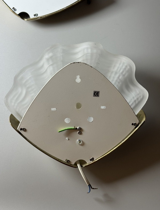 Image 1 of Pair of Vintage Frosted Glass Shell Wall Sconces – Brass Mounts – Art Deco Revival, ca. 1970s–1980s