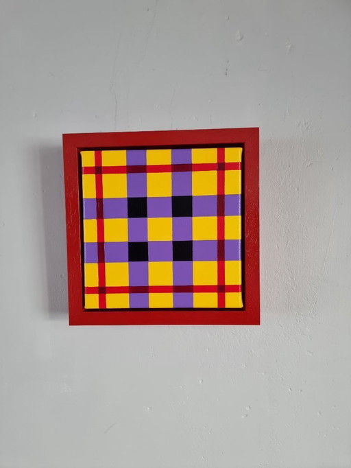 Geometrisches, modernes Kunstwerk, farbenfroh in Lila, Gelb und Rot, 25 x 25 cm