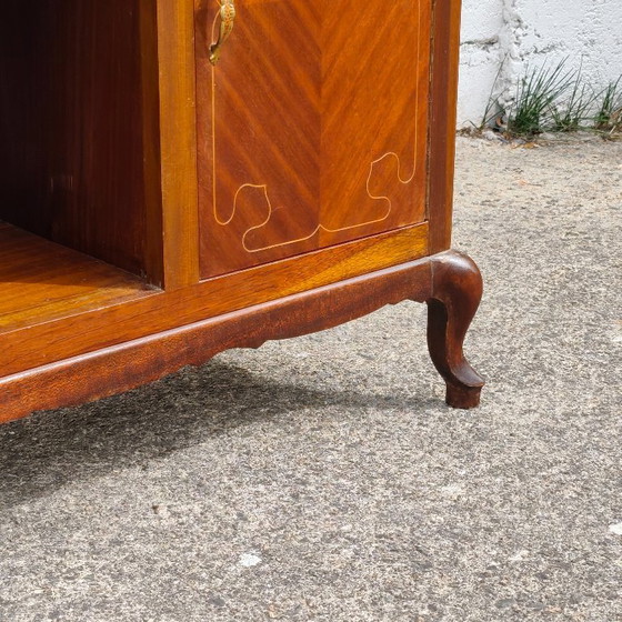 Antieke Franse art-deco console met marqueterie, houten kast met glazen blad, jaren 30 – Ladekasten, Glass (photo 8 of 21)