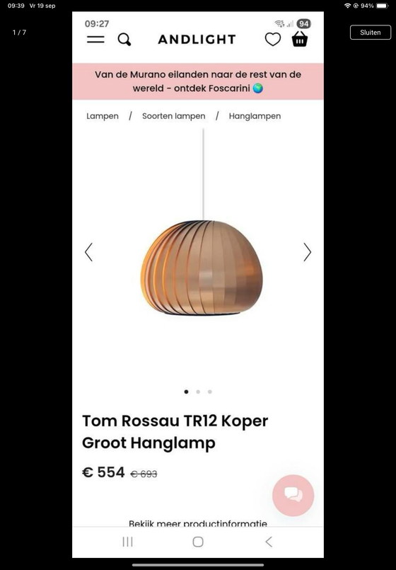 Image 1 of Tom Rossau schitterende nieuwe hanglamp TR12 groot koper