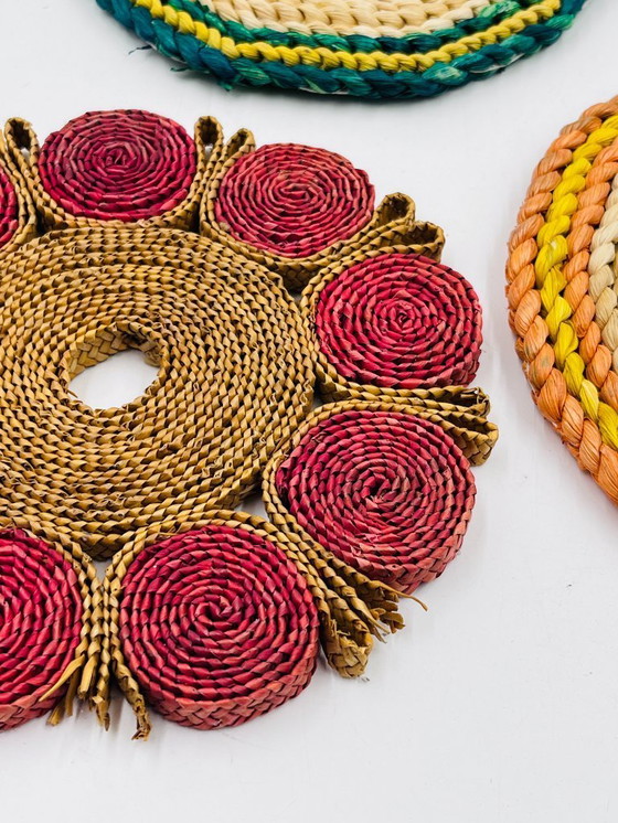 Image 1 of Set of 3 vintage braided rope trivets – bohemian style