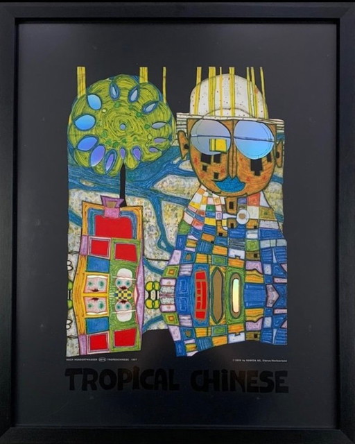 Friedensreich Hundertwasser: “Tropical Chinese.” Offsetlithografie in Galerielijst met Antireflex Acrylglas. Prachtige Kleur E