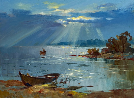 Image 1 of Original Oil Painting Summer River Landscape Rays of sun through the clouds