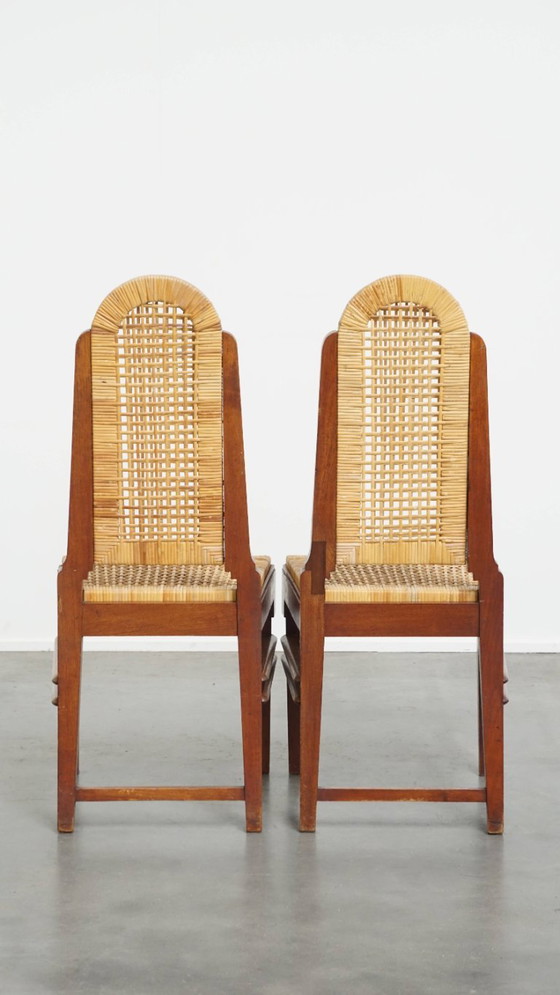 6x Vintage Art Deco design eetkamerstoel van riet en hout met een afneembare stoffen zitting (photo 5 of 17)