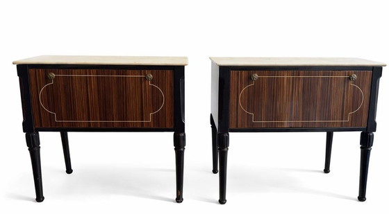 Image 1 of Italian bedside table pair, marble Makassar ebony veneer