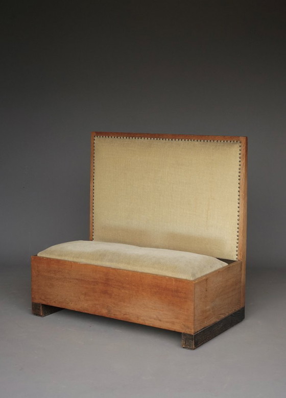 Image 1 of Kleine Haagse School / Art Deco eikenhouten halbank, jaren 1930