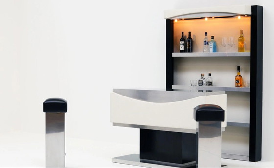 Vintage Cocktailbar Jaren 80 - Zwart Hout & Geborsteld Metaal - met 2 barkrukken – Drankenkasten, Metal, Wood (photo 3 of 8)