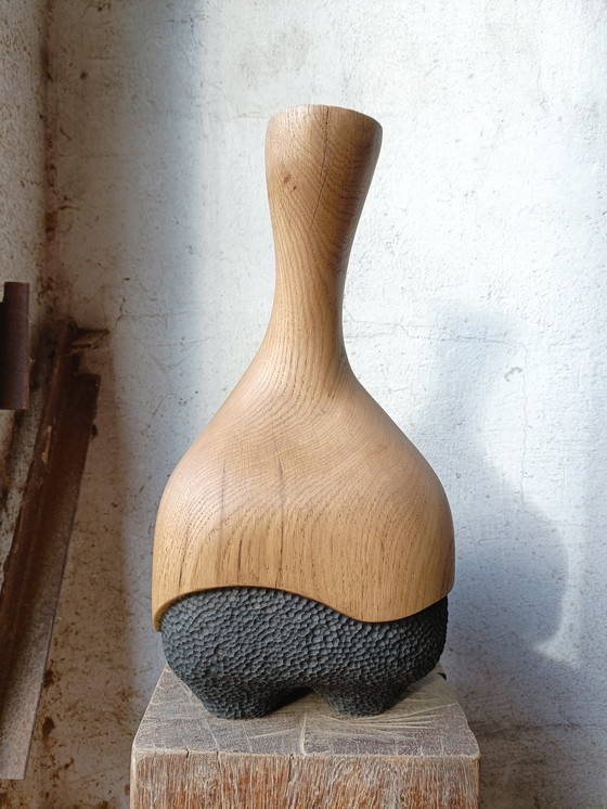 Image 1 of Large vase/sculpture in solid carved and textured oak