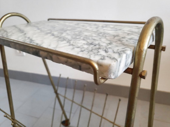 Image 1 of Vintage 1950s Brass & Marble Rolling Magazine Rack Side Table