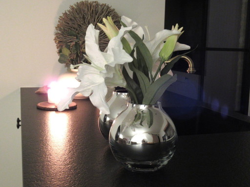 Twee spiegelvazen in glas