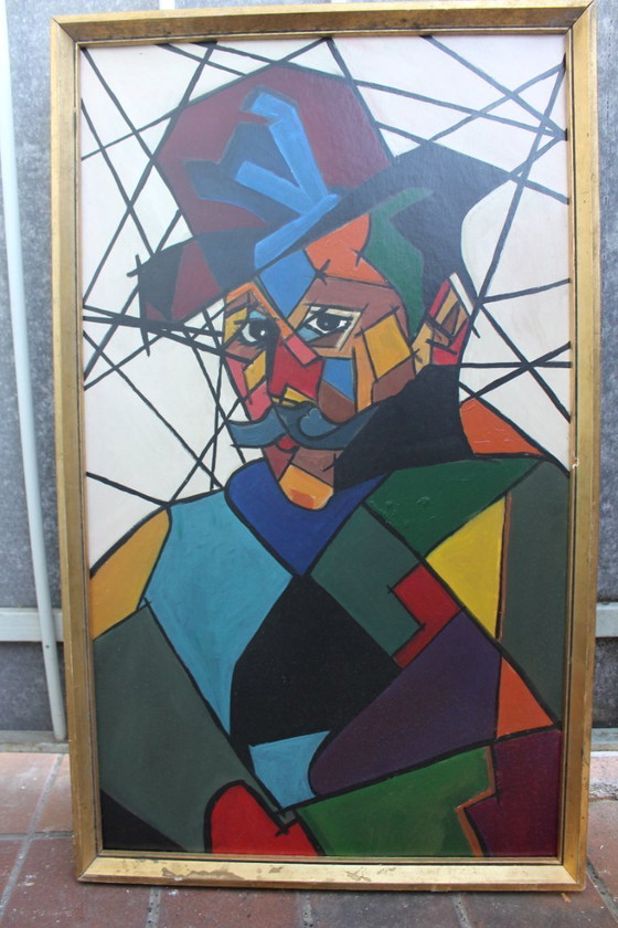 Image 1 of "Man in Hat" Contemporary Cubist Style Figurative Acrylic Painting Framed