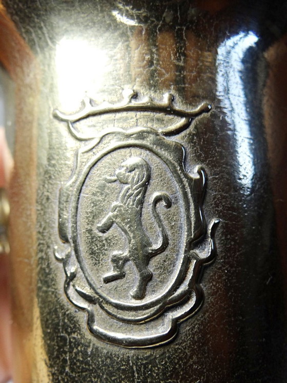 Image 1 of Gilt bronze apothecary's mortar and pestle with heraldic decoration, 20th century