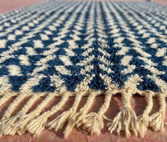 Alfombra bereber marroquí azul y crudo 300x200 cm – patrón geométrico – Lana, Algodón, Bohemian (photo 6 of 9)