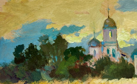 Image 1 of Original Oil Painting Evening Church Landscape Golden fields and sunset