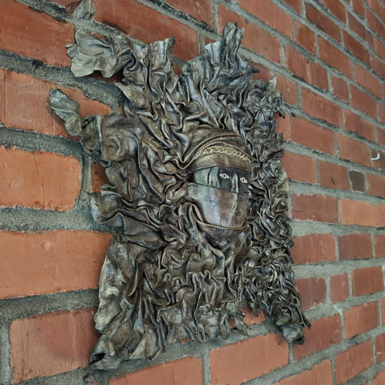 Image 1 of Handcrafted Leather Wall Sculpture 45×45 cm – Tuareg Inspired Mask Relief