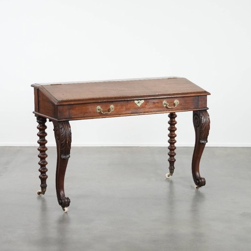 19th century English antique oak wall desk/writing table on castors