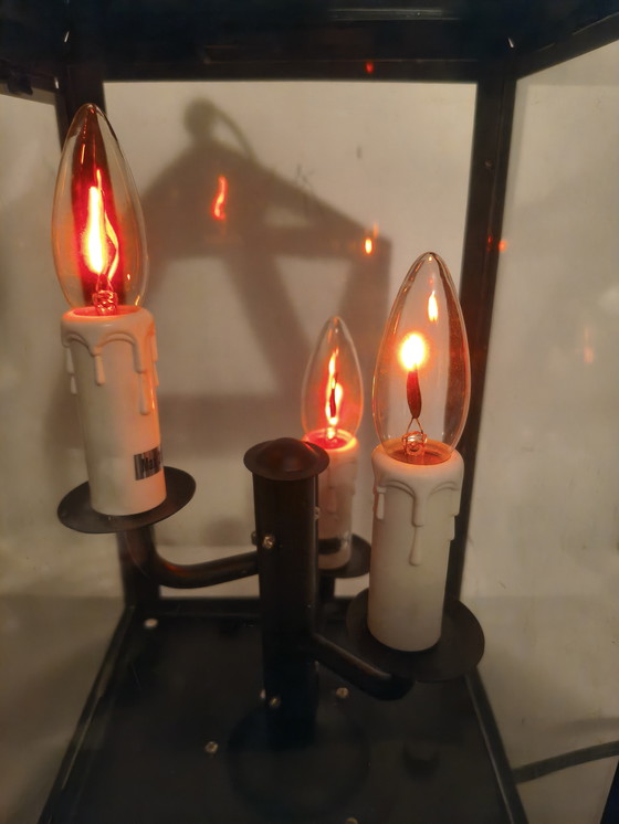 Image 1 of Klassische Laternen-Tischleuchte mit 3 Kerzenfassungen – schwarzes Metall und Glas