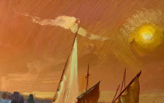 Image 1 of Original Oil Painting Sunset Sea Landscape Romantic evening swim